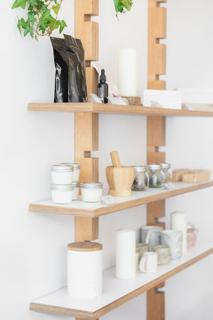 Beauty products on a shelf